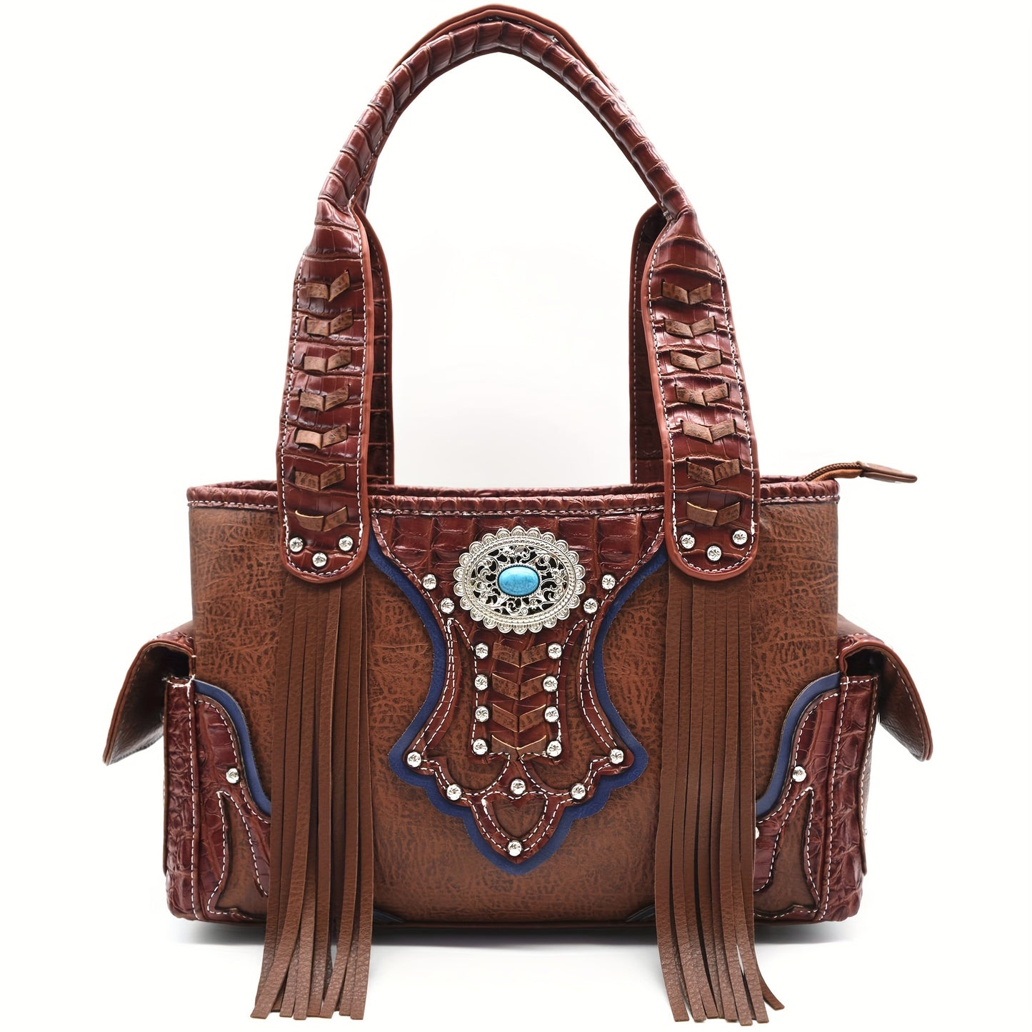 Western Style Cowgirl Woven Fringe Crocodile Gorgeous Purse Conchos Tote Country Women Handbag Shoulder Bags Wallet Set