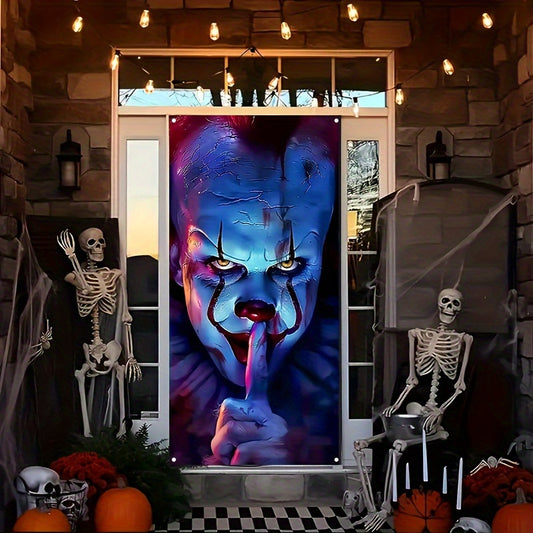 Halloween Horror IT Clown Banner - Polyester Door Banner for Halloween Party Decor, Scary Clown Entryway Hanging Decoration, No-Electricity Needed Spooky Photo Prop for All Hallows' Eve Festivities