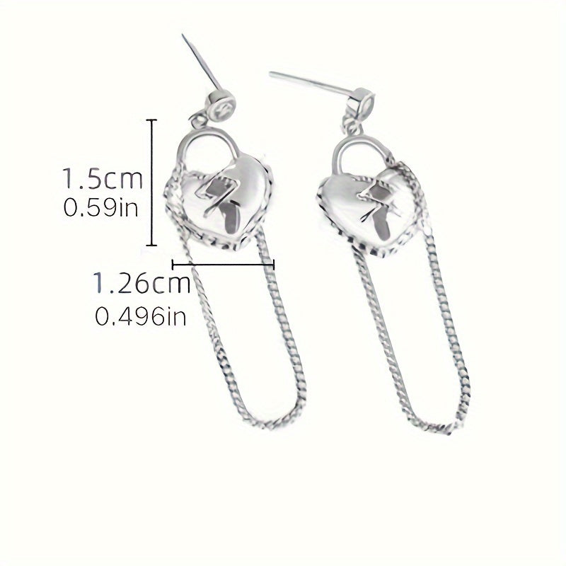 Fashionable Love Lock Tassel Earrings - S925 Sterling Silver Dangle Chain Studs with Synthetic Zirconia, Silver Plated, Anniversary Birthday Gift for Girls - High Quality Ear Needle