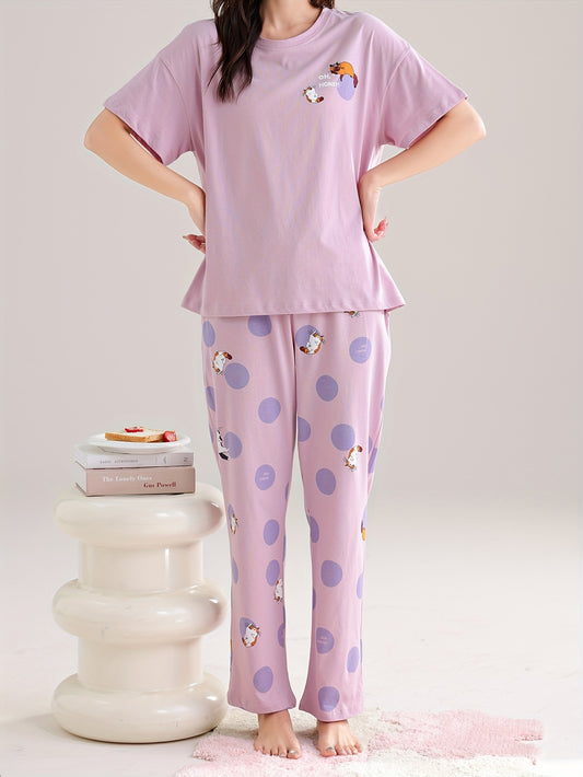 Women's Cute Cat & Polka Dot Print Lounge Set, Short Sleeve Round Neck Top & Pants, Comfortable Relaxed Fit