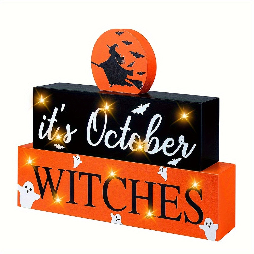 LED-Lit Halloween Wooden Sign - 'It's October Witches' Glowing Centerpiece, Battery-Powered Tabletop Decor for Home