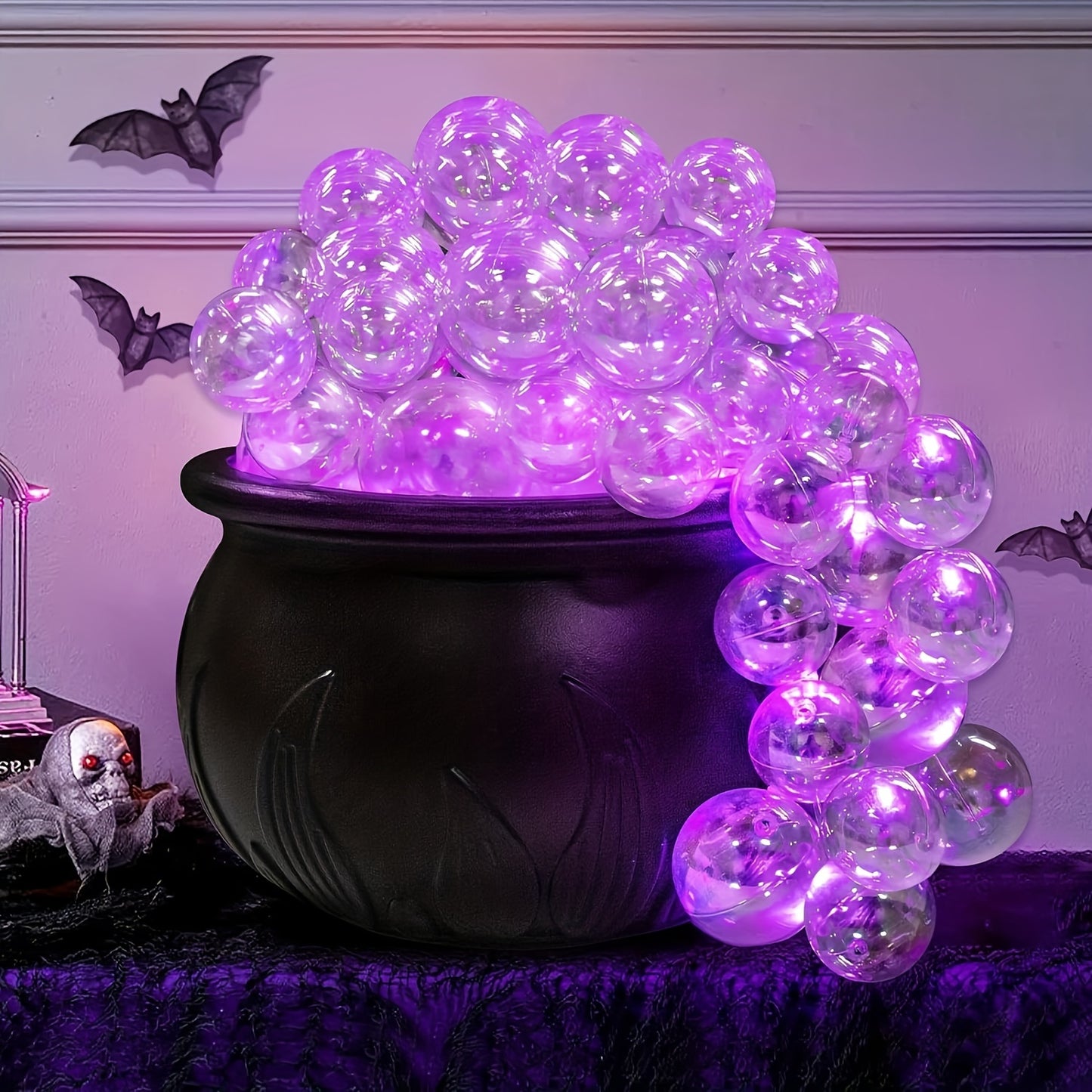 Halloween Bubble Cauldron Decoration Kit - Black Plastic Bowl with LED Light-Up Bubbles for Festive Home & Party Decor, No Battery Included, Fits AA Battery, Halloween Party Supplies for Indoor Display