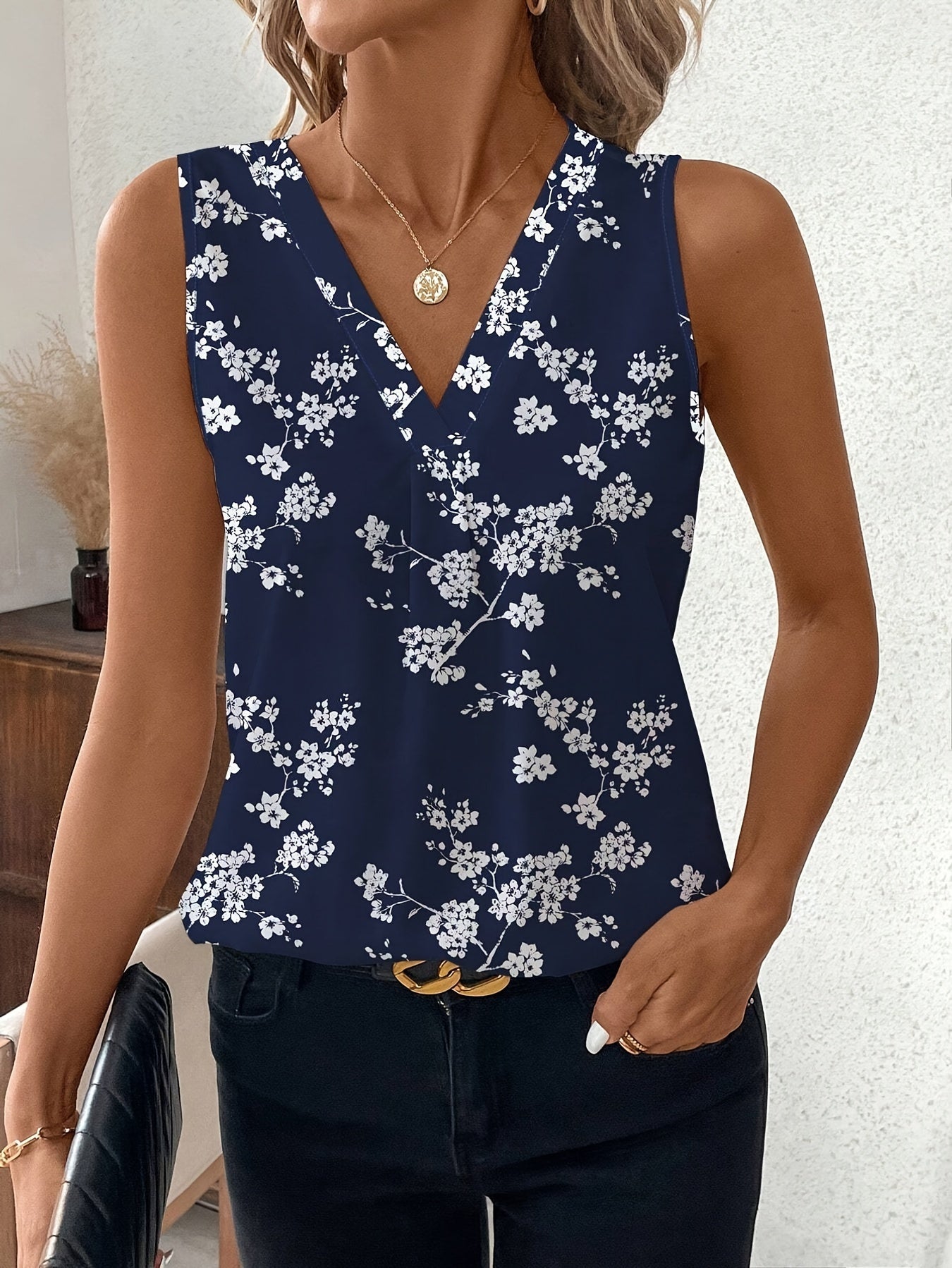 Women Fashion Printed Short Sleeve V Neck Basic Pleated Plain Button Square Collar Sleeveless Vest Print Summer Tank Tops