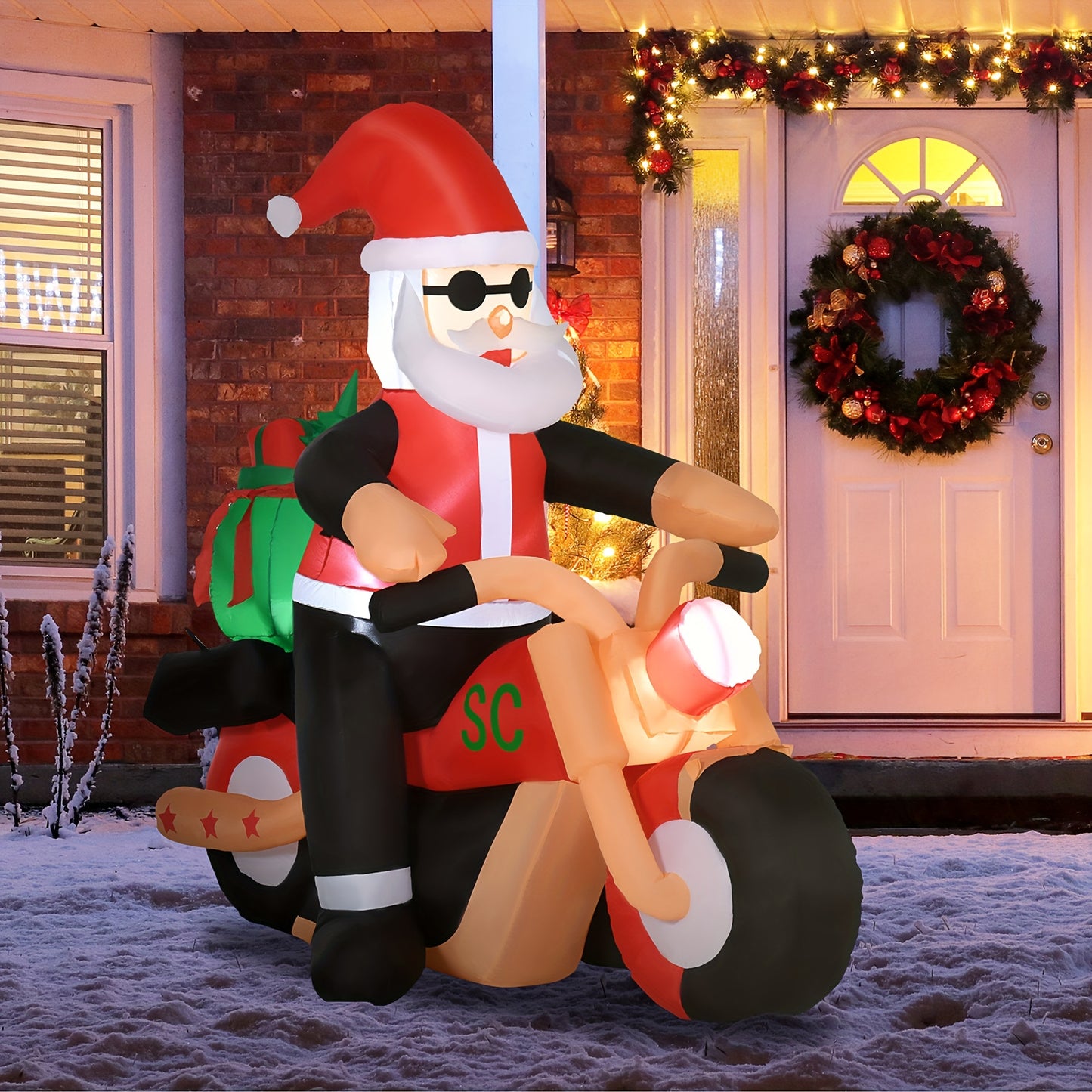 HOMCOM 6' Christmas Inflatable Santa Claus Riding A Motorcycle With Toy Bag, Outdoor Blow-Up Yard Decoration With LED Lights Display