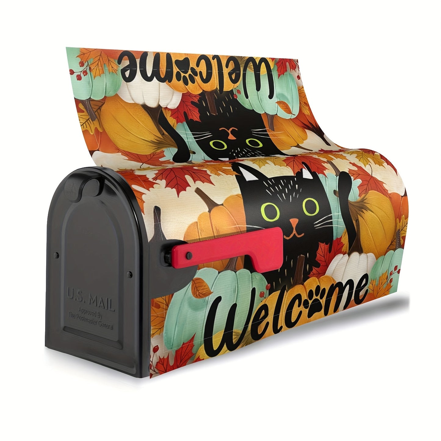 Autumn Black Cat Mailbox Cover with Pumpkin and Maple Leaf Design, Welcome Magnetic Mailbox Wrap for Standard Size, Outdoor Thanksgiving Farmhouse Decor, Easy Install, 21"x18" - 1pc