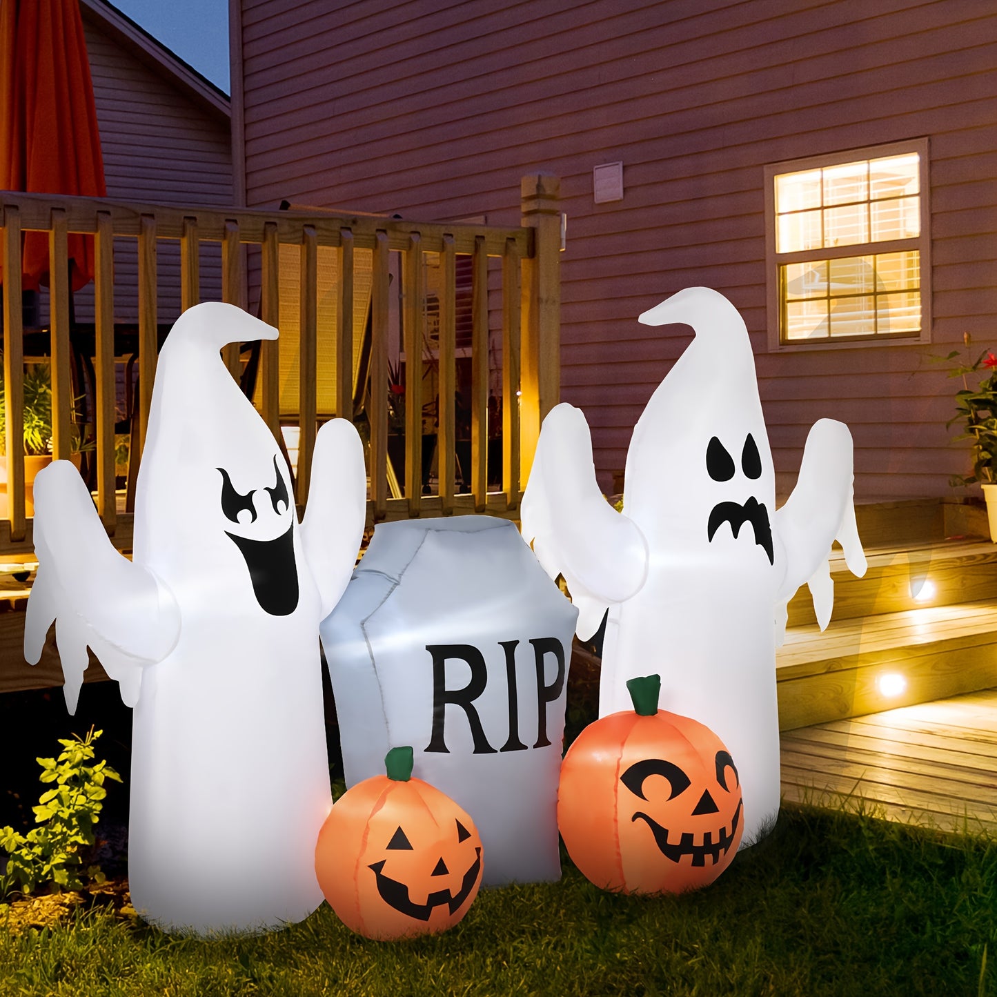 HOMCOM 6' Long Inflatable Halloween Ghost & Pumpkin Tombstone, Inflatable LED Light Yard Display Indoor Outdoor For Garden, Lawn, Party, Holiday