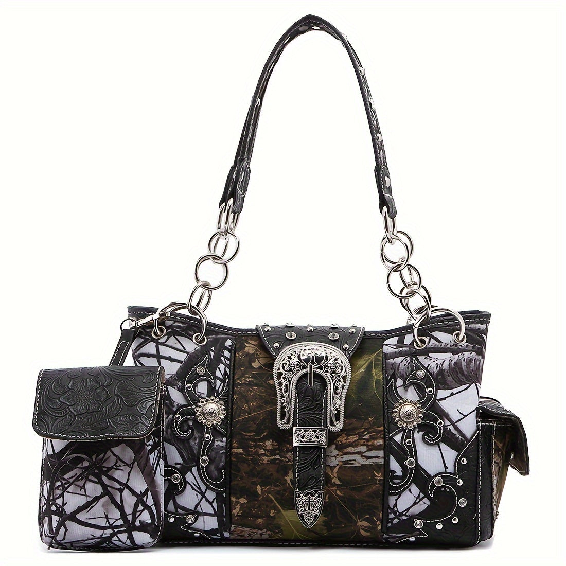 Western Style Camouflage Handbag, Concho Buckle Tooled Floral Country Studs Crossbody Women's Tote, Shoulder Bag, Purse Set