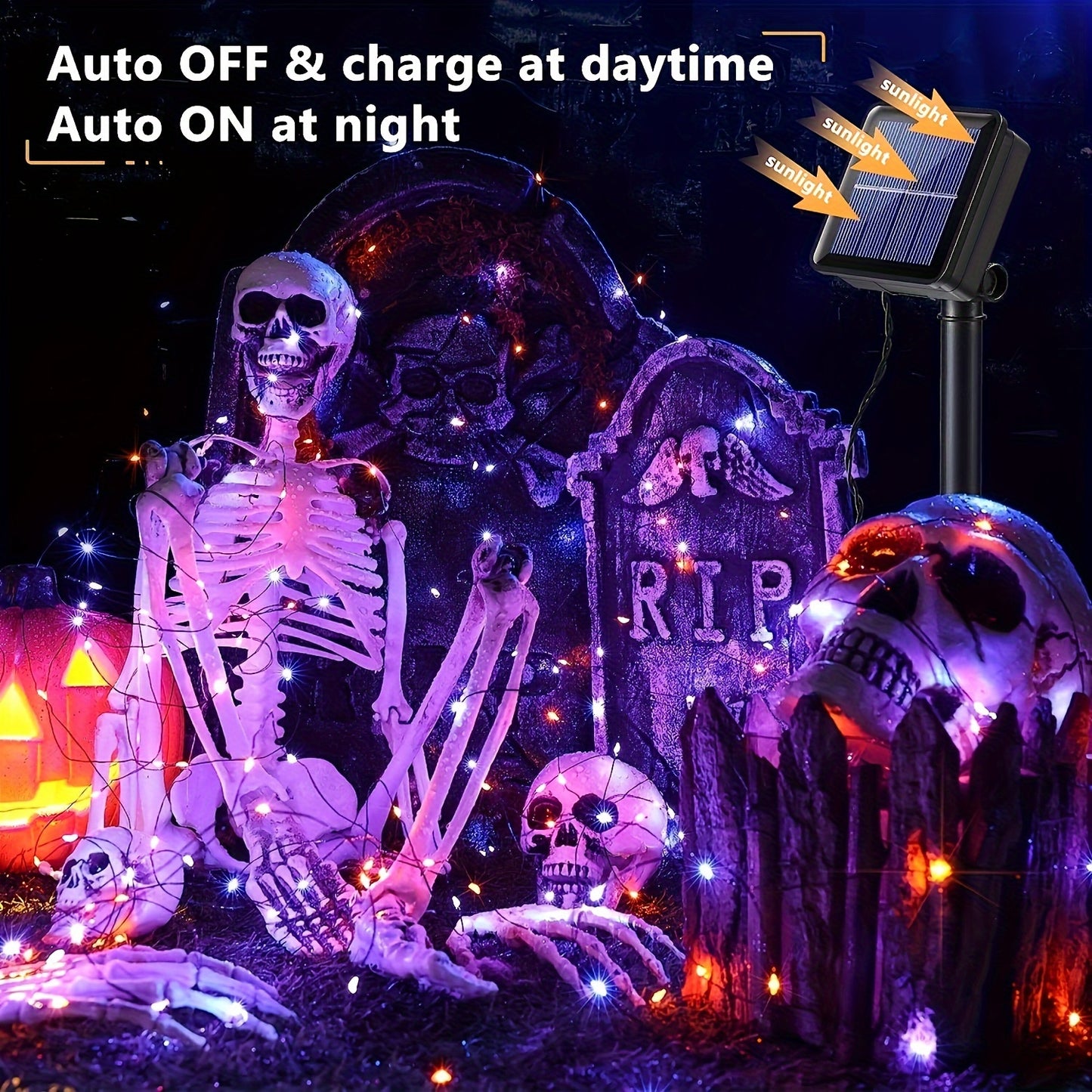 2 Pack Orange & Purple Halloween Lights, Total 69ft 240 LED Orange Lights, Purple Solar Halloween Lights 8 Modes, Outdoor Twinkle Orange Halloween String Lights For Halloween Party DIY Decor, Black Wire