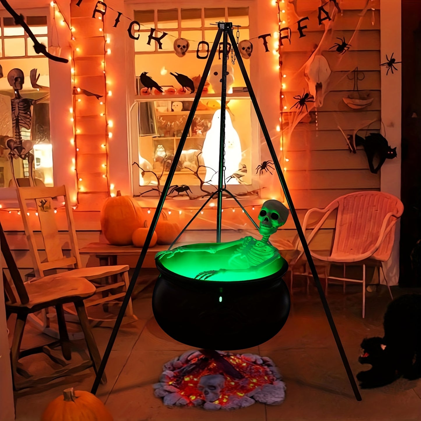 Large Outdoor Halloween Decorations - Skeleton And Witch Cauldron With Tripod And Smoke Generator - Great For Patio Porch And Home Decorations