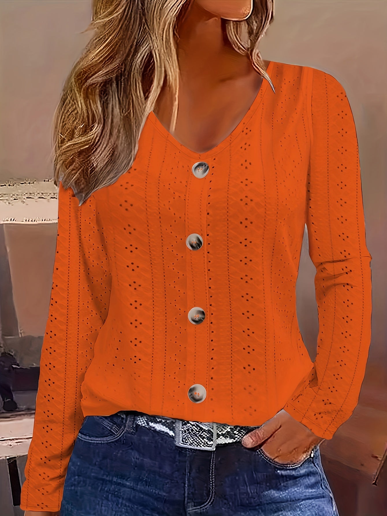 Women's Solid Color Jacquard V-neck Buttons Long-sleeved Top