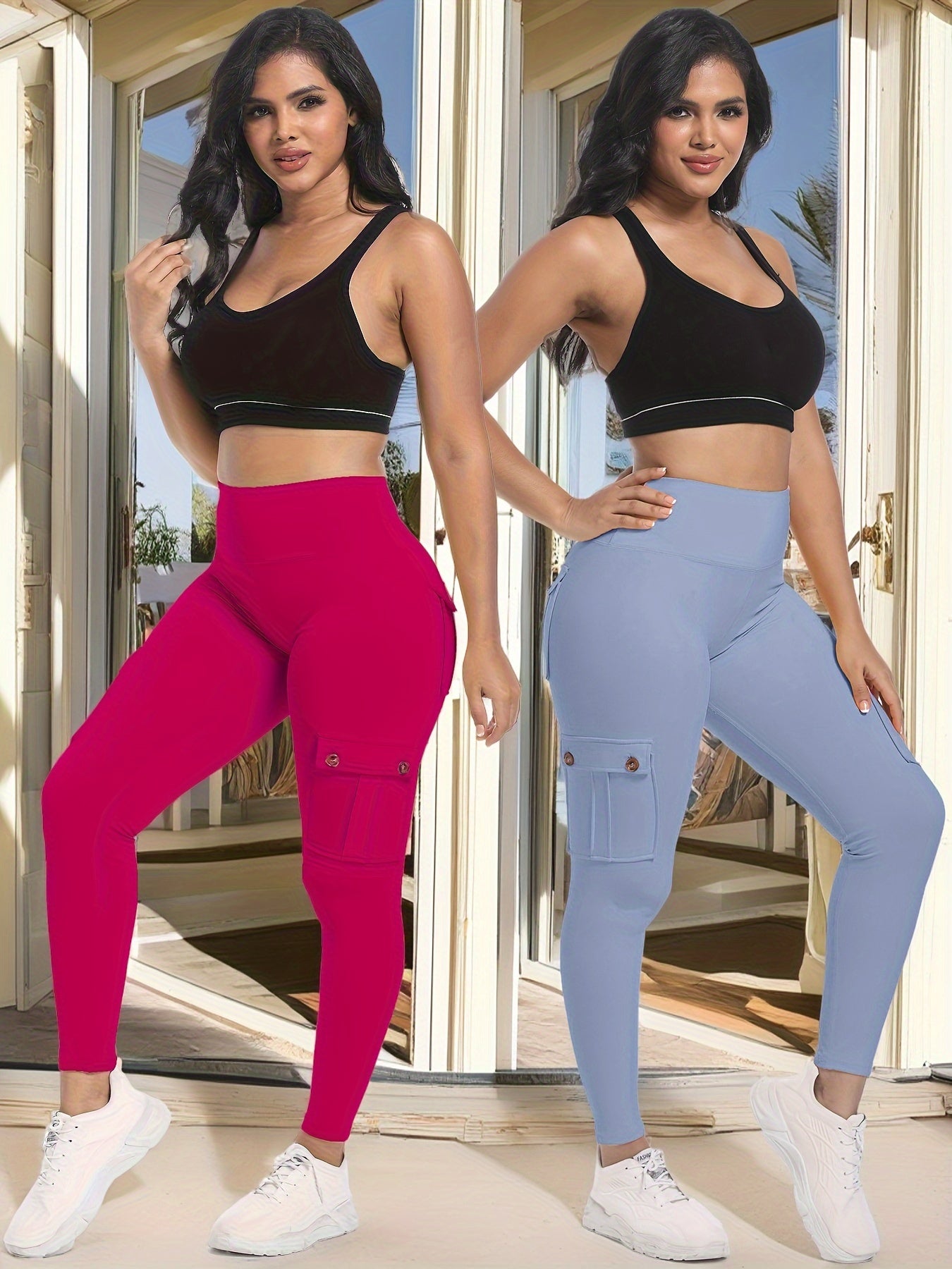 2-Pack High Waist Yoga Leggings With 4 Buttoned Pockets, Tummy Control, Lift Butt, Fitness Pants For Running And Gym