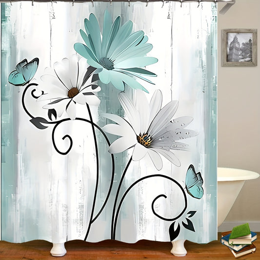 Elegant floral Watercolor Flower White Waterproof Shower Curtain for Bath Bathroom Outside House Decor with 12 Hooks