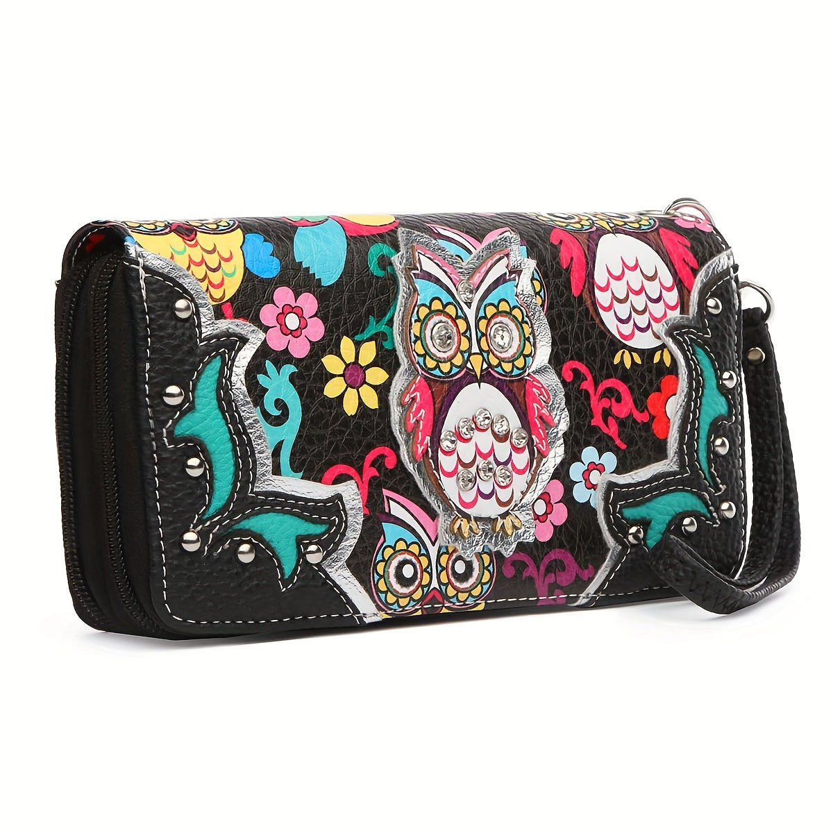 Colorful Owl Flower Western Style Cowgirl Fashion Purse Women Totes Rhinestone Studded Shoulder Bags Wallet Set