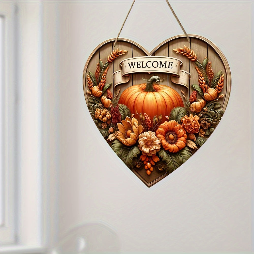 Charming Pumpkin Welcome Sign - 7.9"x7.9" Heart-Shaped Wooden Autumn Harvest Decor for Home, Cafe, Bar, Porch & Farm - Perfect for Fall & Holiday Wall Art