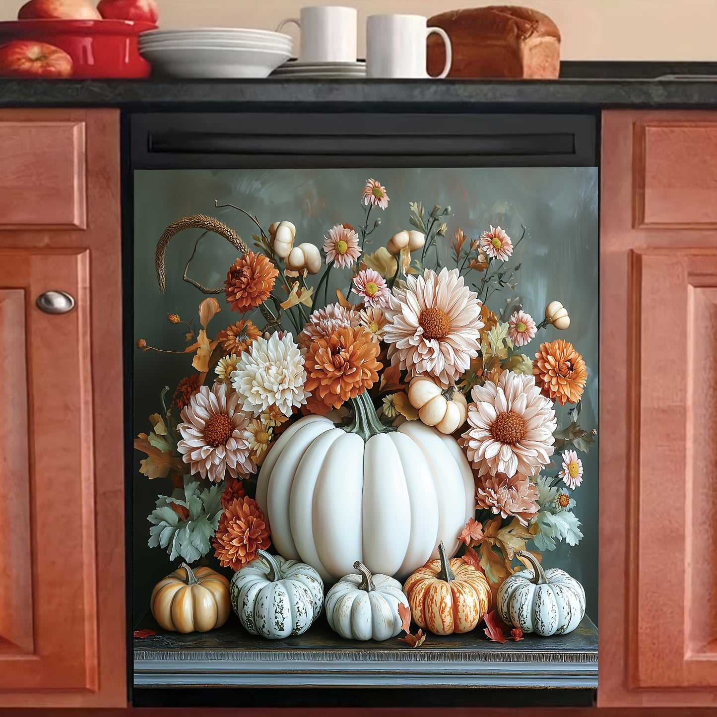 Chic Pumpkin & Autumn Chrysanthemum Magnetic Cover for Dishwasher and Refrigerator - Easy Clean, No Glue Needed - Perfect for Kitchen Decor, 23.03x25.59 Inches