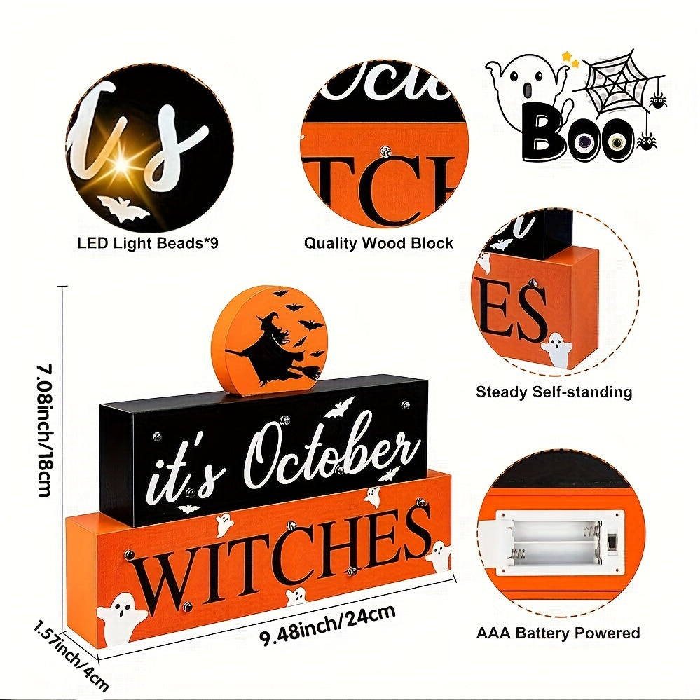 LED-Lit Halloween Wooden Sign - 'It's October Witches' Glowing Centerpiece, Battery-Powered Tabletop Decor for Home