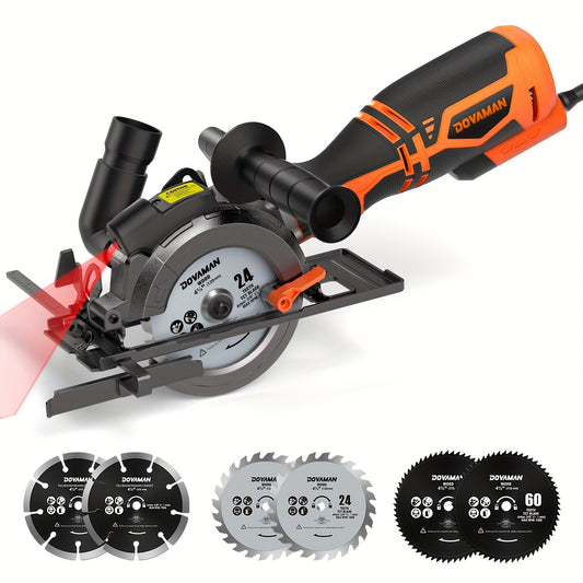 DOVAMAN MCS01A Circular Saw, 5.8A 4-1/2" Circular Saw w/Laser, Metal Auxiliary Handle, 6 Saw Blades (4½", 4¾"), Cutting Depth 1-11/16" (90°), 1-3/8" (45°), Ideal for Wood, Soft Metal, Plastic, Tile