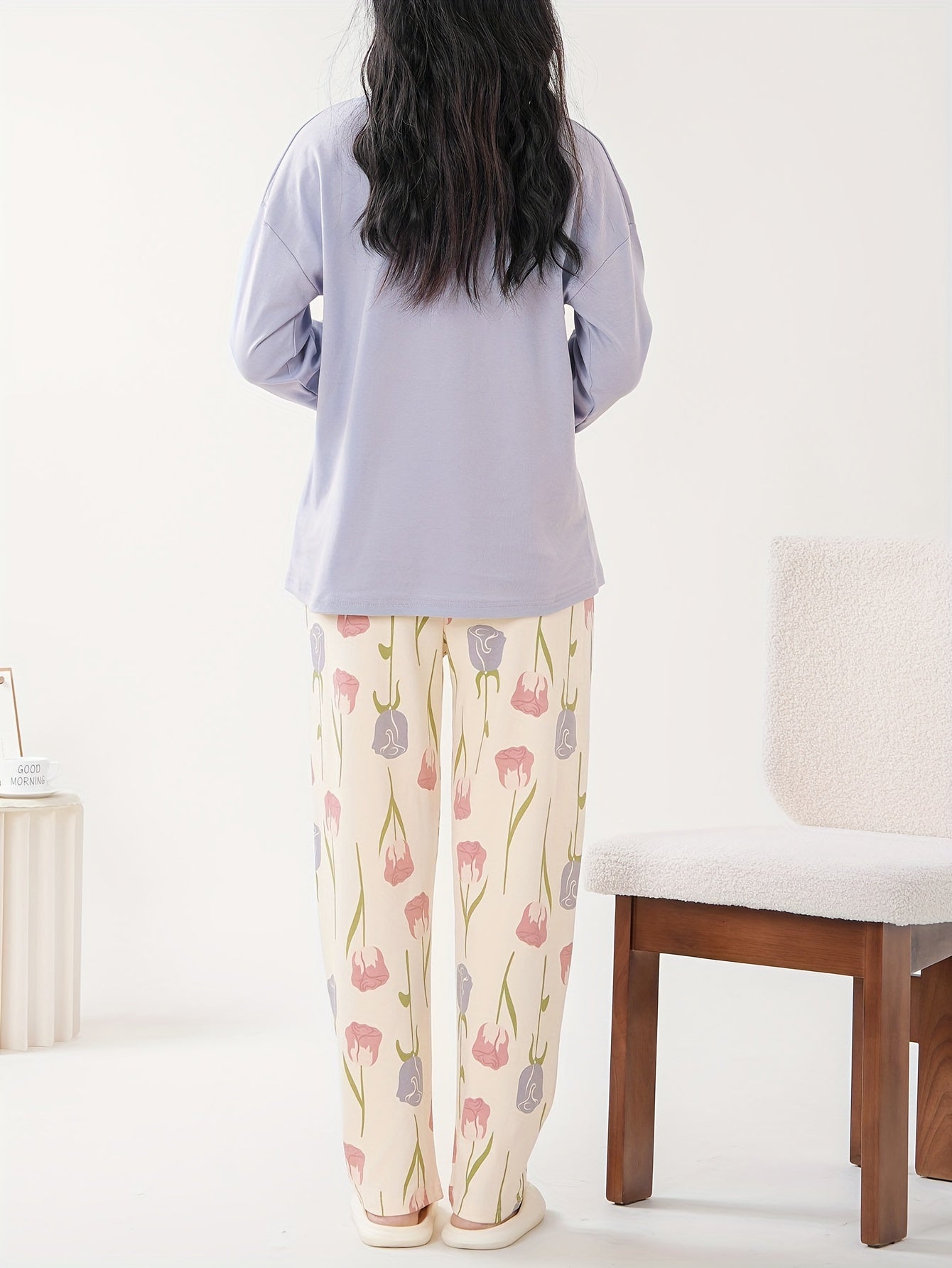 Cozy Cotton Floral & Letter Print Pajama Set for Women - Long Sleeve, Round Neck with Dual Pockets, Casual Loungewear for Fall/Winter