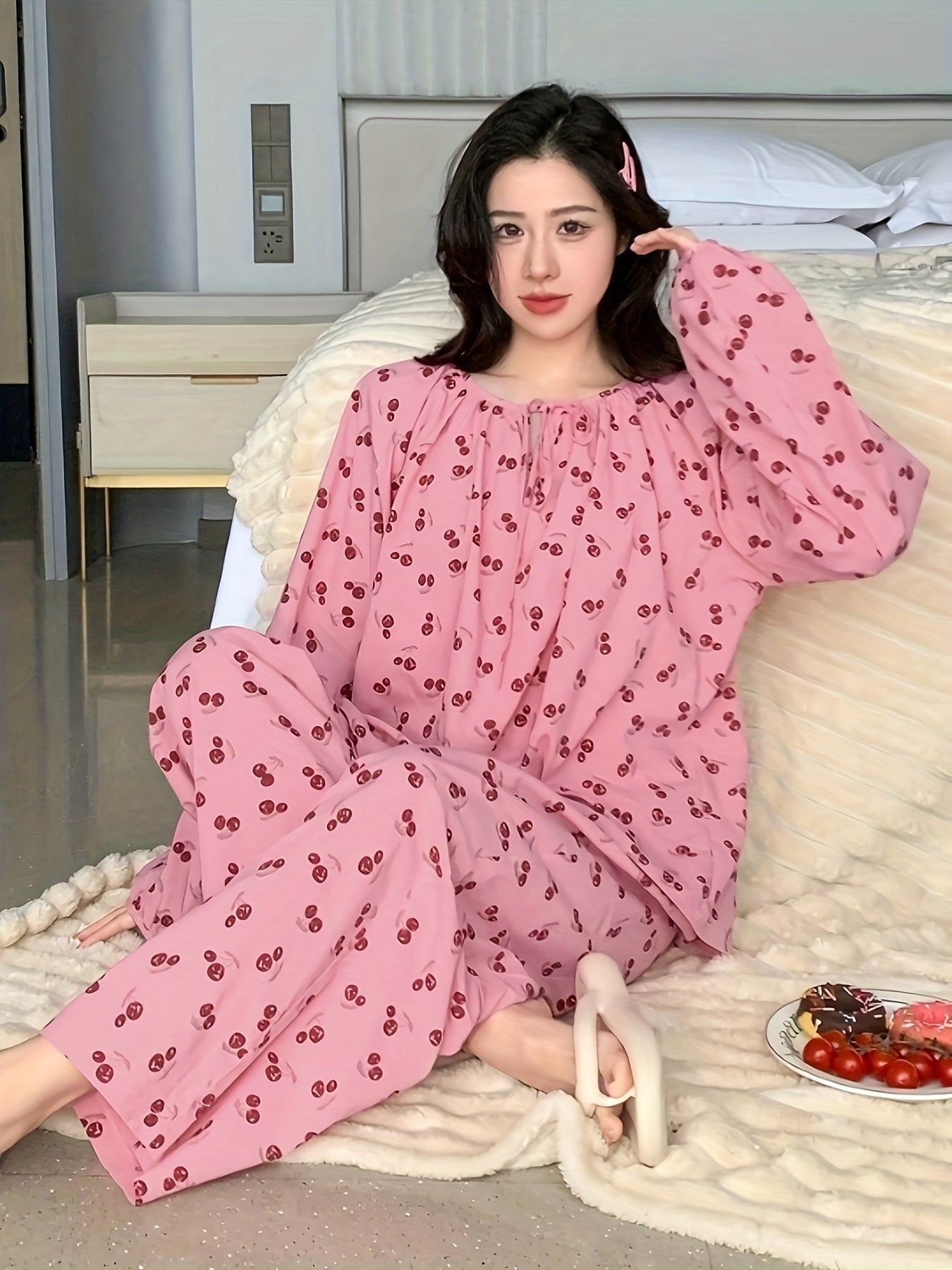 Charming Cotton Cherry Print Pajama Set with Ruffle Neckline and Long Sleeves