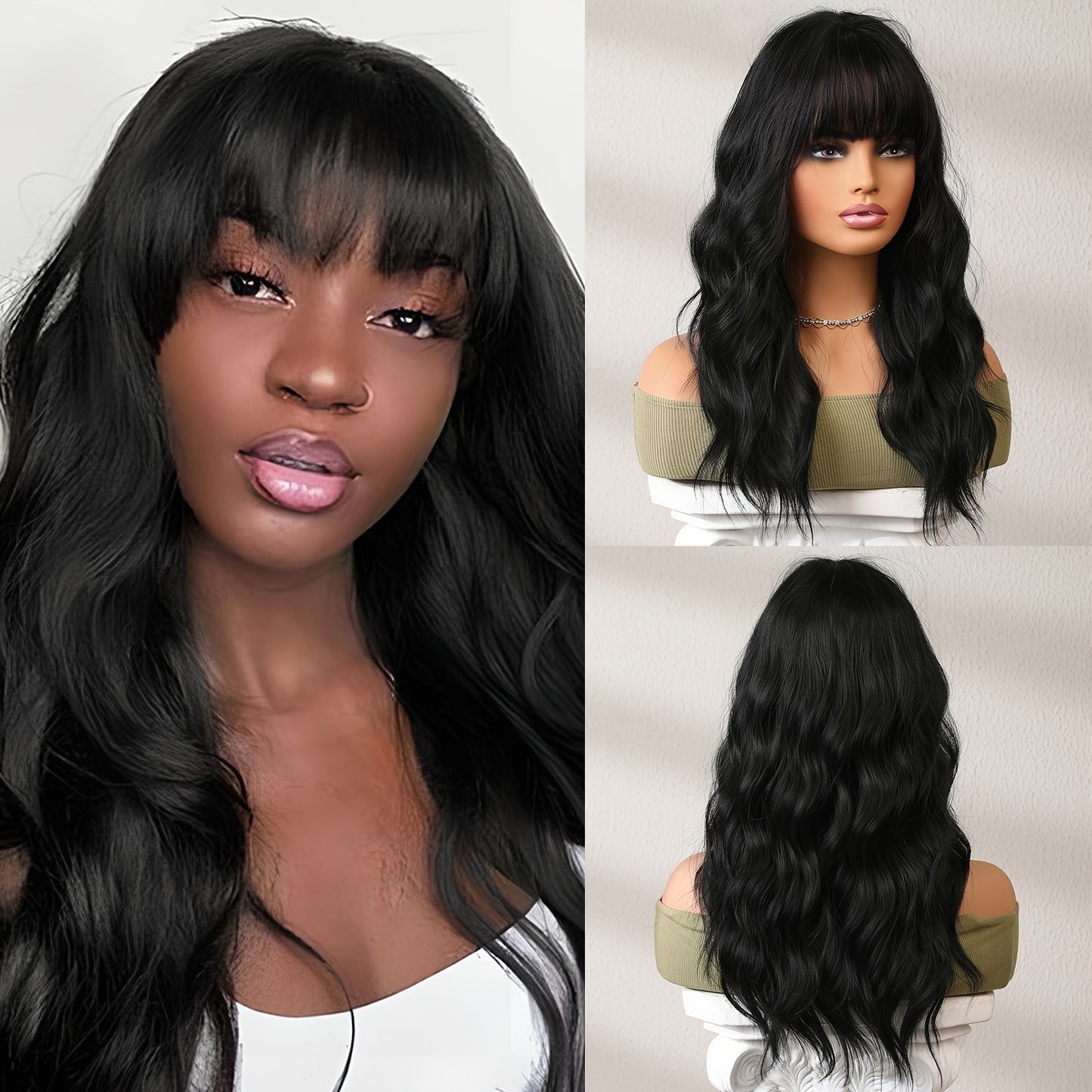 Long Curly Wavy Wig With Bangs Synthetic Wig Beginners Friendly Heat Resistant Elegant Natural Looking For Daily Use Wigs For Women