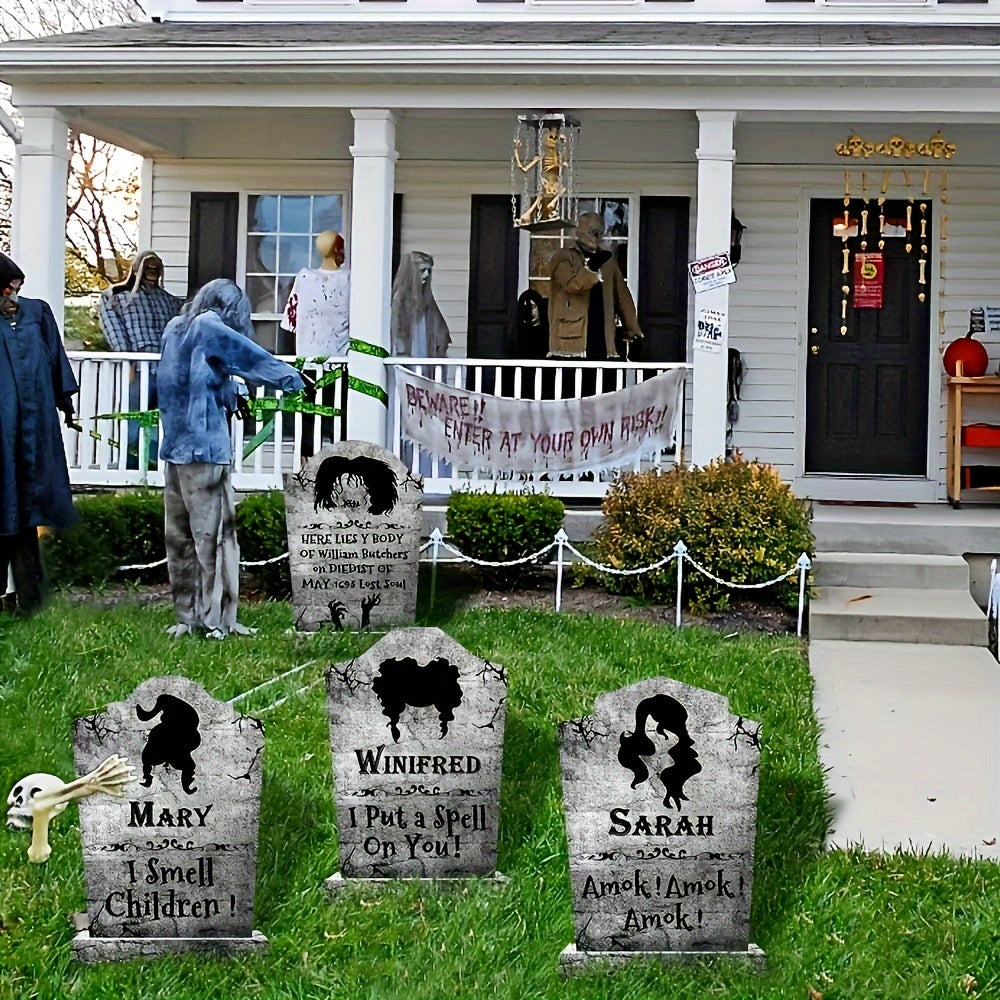 Spooky Halloween Witch Graveyard Decor Set of 4 - 16" Tall Realistic Tombstone Stakes with Stand for Outdoor Yard & Home Party