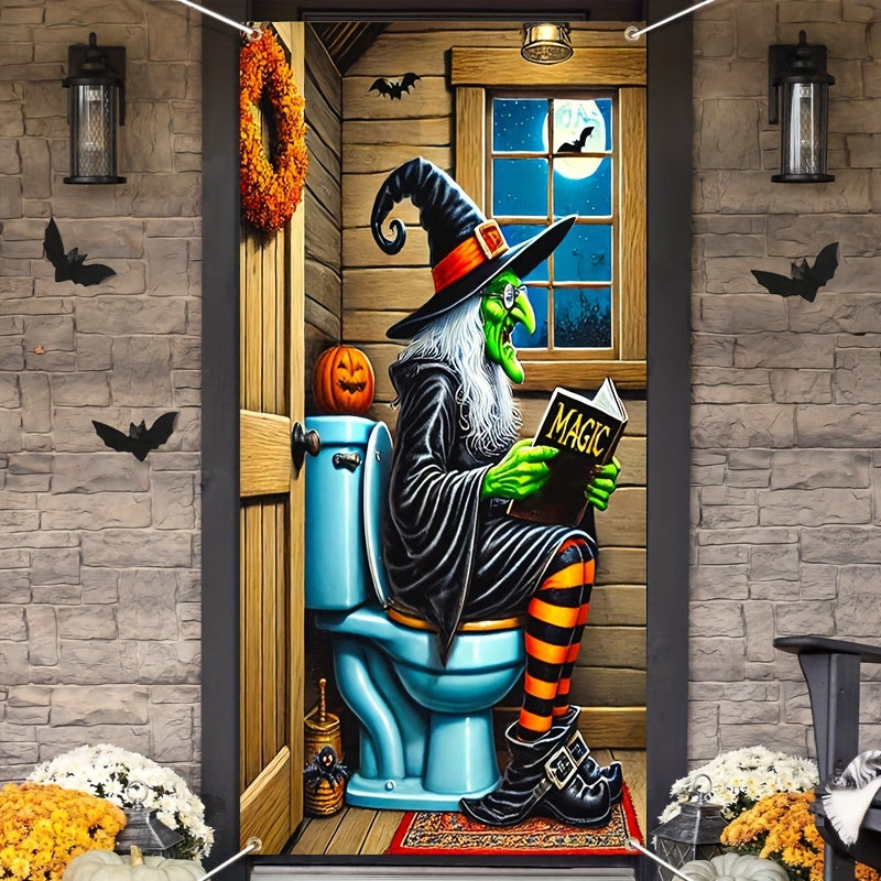 Scary Green Witch Reading Toilet Halloween Door Cover - Durable Polyester, Indoor/Outdoor Party Decor, 35.43 x 70.86 Inch, Perfect for Entrance & Garden