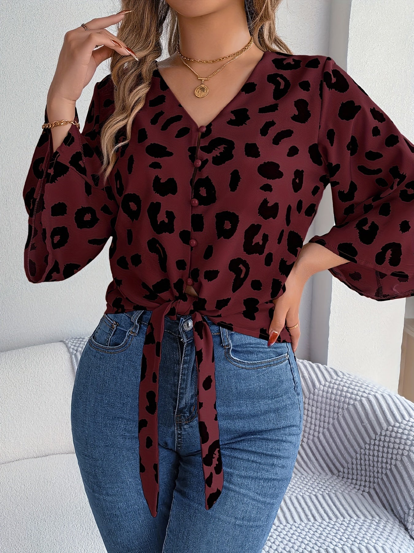 Elegant Flared Sleeve Cardigan Shirt For Women 2024 Spring/summer New Casual Leopard Print Lace Up Chiffon Shirt Top Femme Blusa