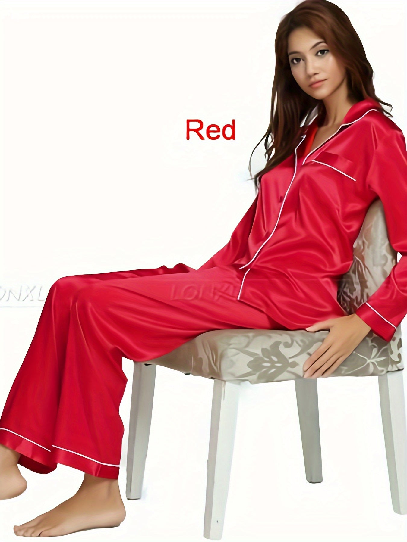 Women 2PCS Long Pajama Set, Loose Button-Down Long Sleeve Folded Collar Top, Long Elastic Waist Band Pants, Sleepwear Set