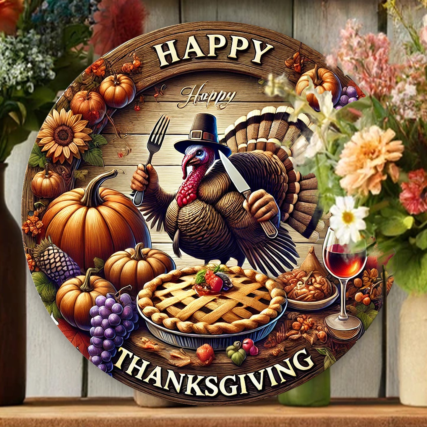 Happy Thanksgiving 2D Metal Sign: Festive Fire Turkey And Pumpkin Autumn Decoration - Suitable for Home, Kitchen, Garden, Patio - Versatile Indoor/Outdoor Art for Windows, Porches, Walls