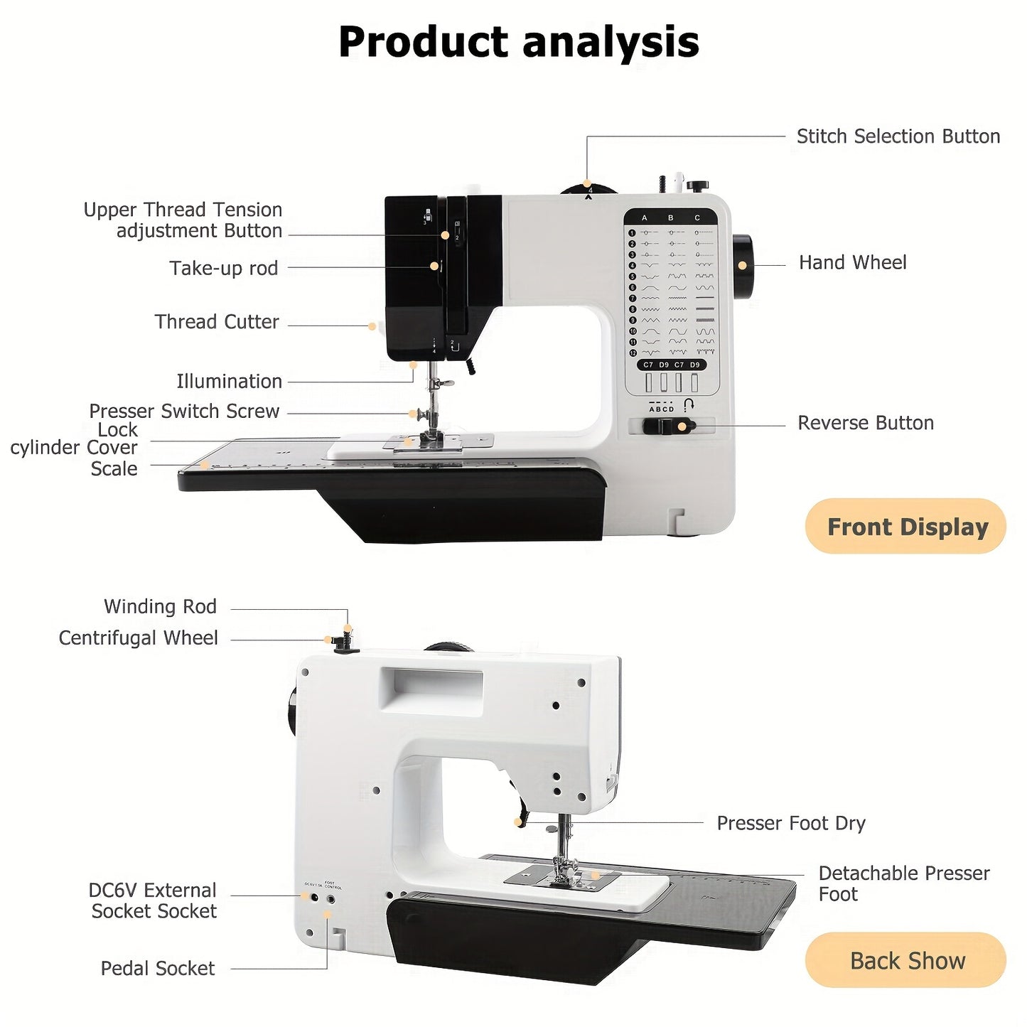 Sewing Machine Portable Mini Handy Replaceable Presser Foot 38 Stitches Overlock Knitting Start Button Electrec With Pedal Table