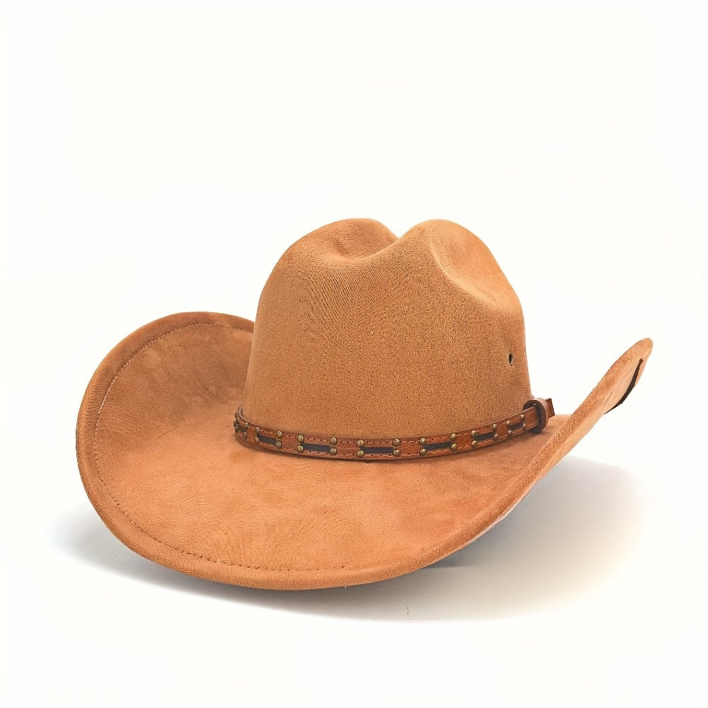 Premium Faux Leather Cowboy Hat - Classic Red-Brown with Vintage Belt, Breathable Wide Brim for Men & Women, Includes Durable Support & Elegant Gift Box