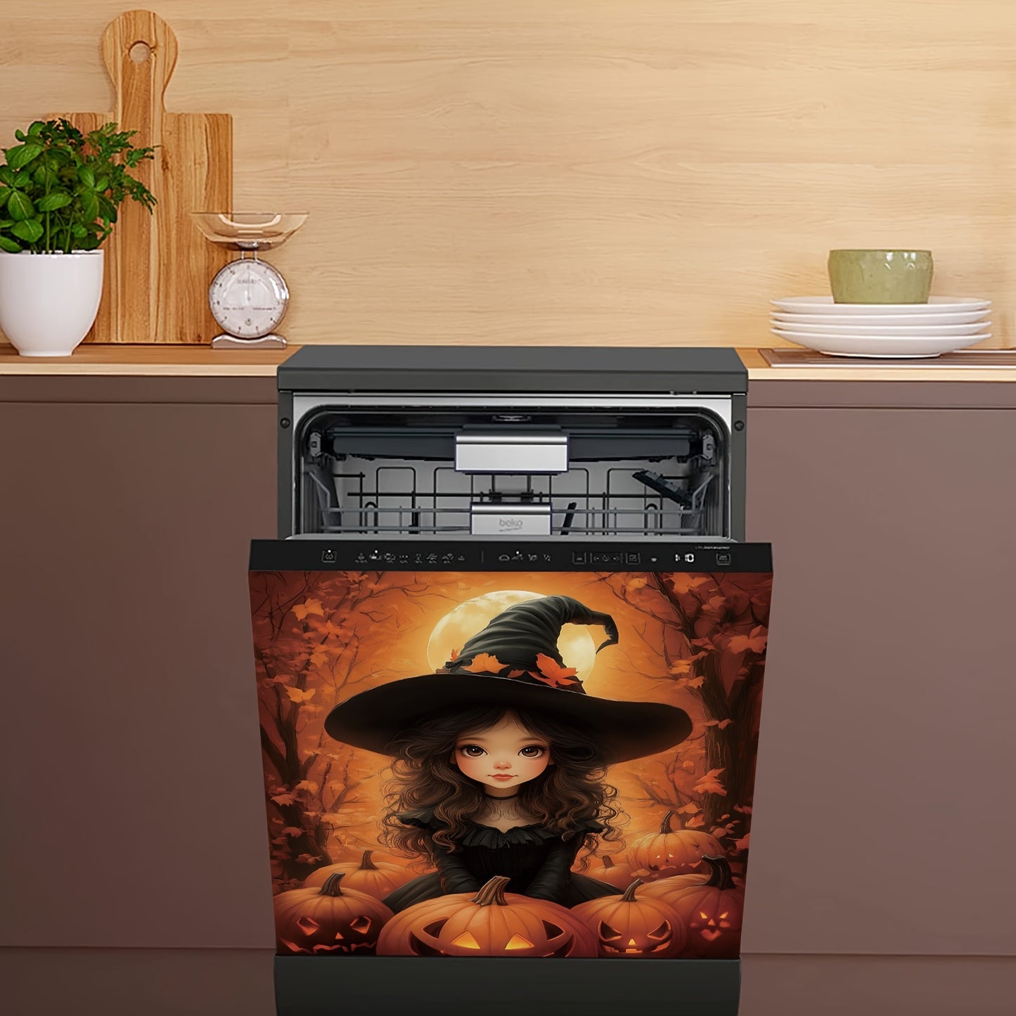 Halloween Witch Refrigerator Magnet - Durable Rubber Rectangle Magnet Sheet for Dishwasher, Oil-Proof & Easy to Clean Kitchen Appliance Decor, Cute Witch & Pumpkin Design, Dishwasher Safe, 23.03x25.59inch