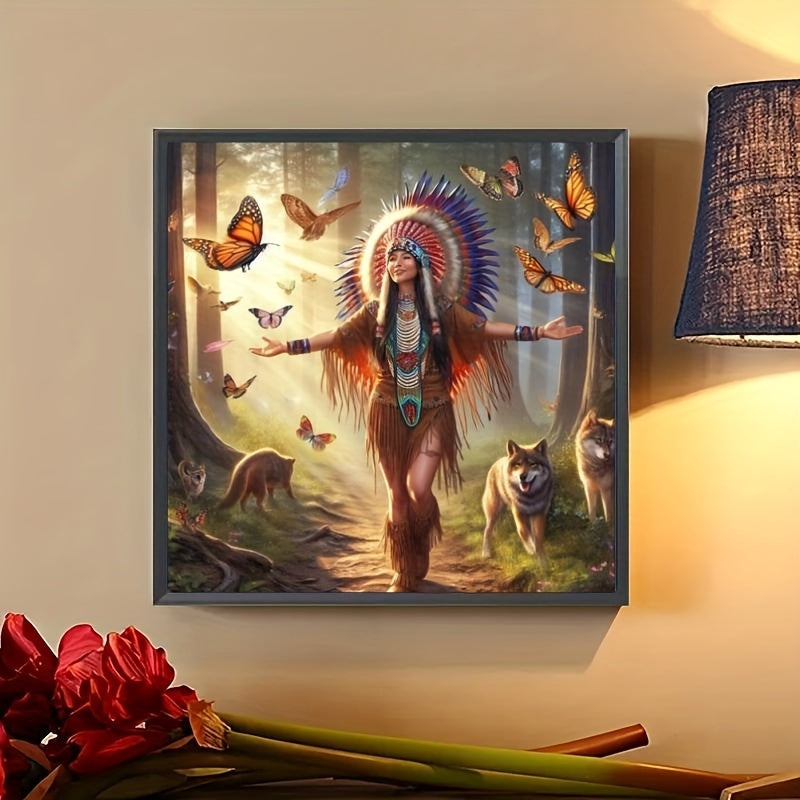 DIY 5D Diamond Painting Kit - Native American & Butterfly Design, Round Diamonds, Frameless 11.8x11.8in - Perfect for Wall Decor & Gifts