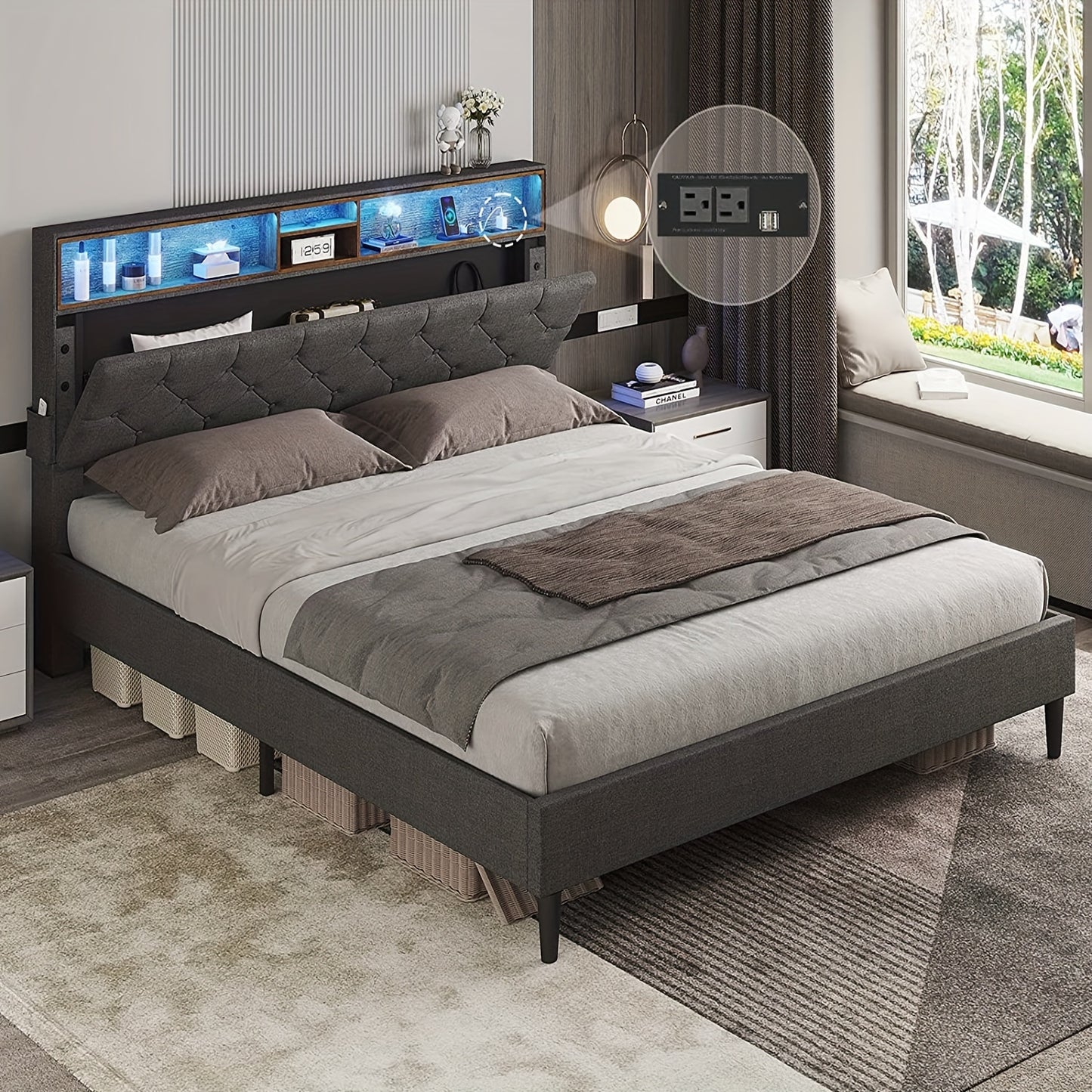 Queen Bed Frame w USB Ports & Outlets, LED Bed Frame Queen Size w Shelf Storage Headboard, Upholstered Platform Bed w LED Lights