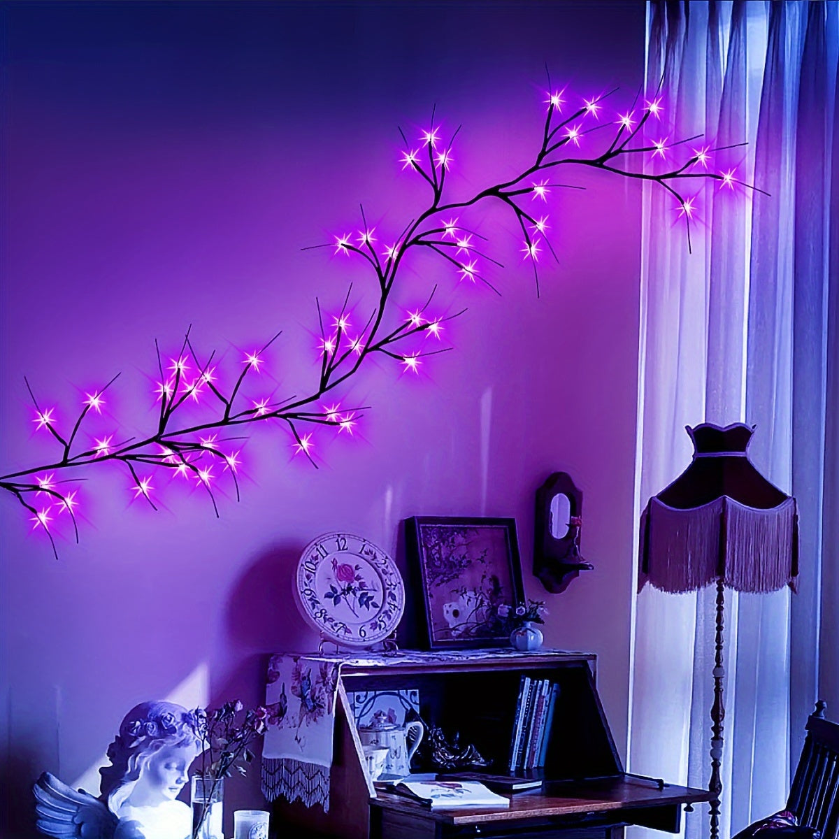 Festive Halloween Willow Vine Purple Lights: 1.7M/5.6FT USB-Powered Indoor/Outdoor Wall Decor, 48 LED Lights, Perfect for Halloween, Valentine's Day, Birthday Parties, and More