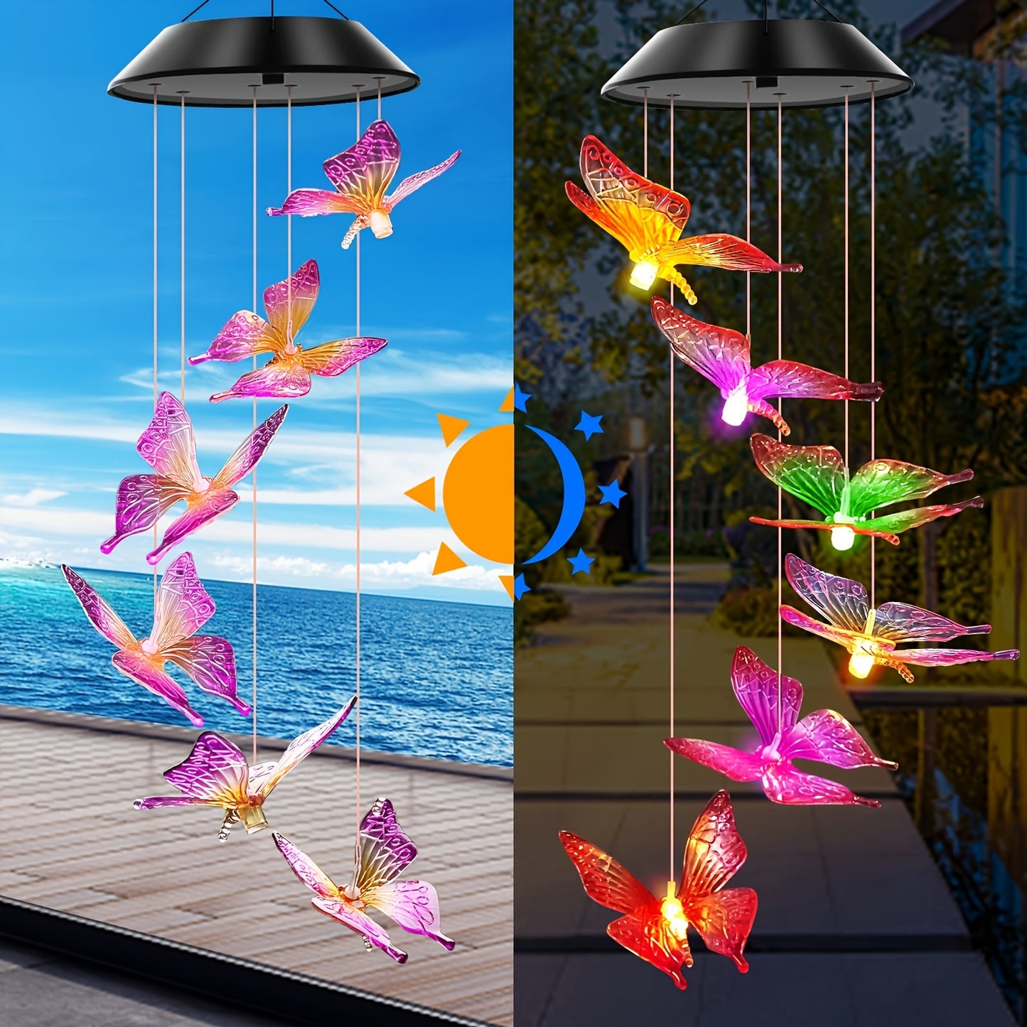 1pc Solar LED Purple Yellow Butterfly Wind Chime Light, Hanging Lamp, Yard Garden Night Light Balcony Decoration, No Electricity Cost Or Wiring Needed