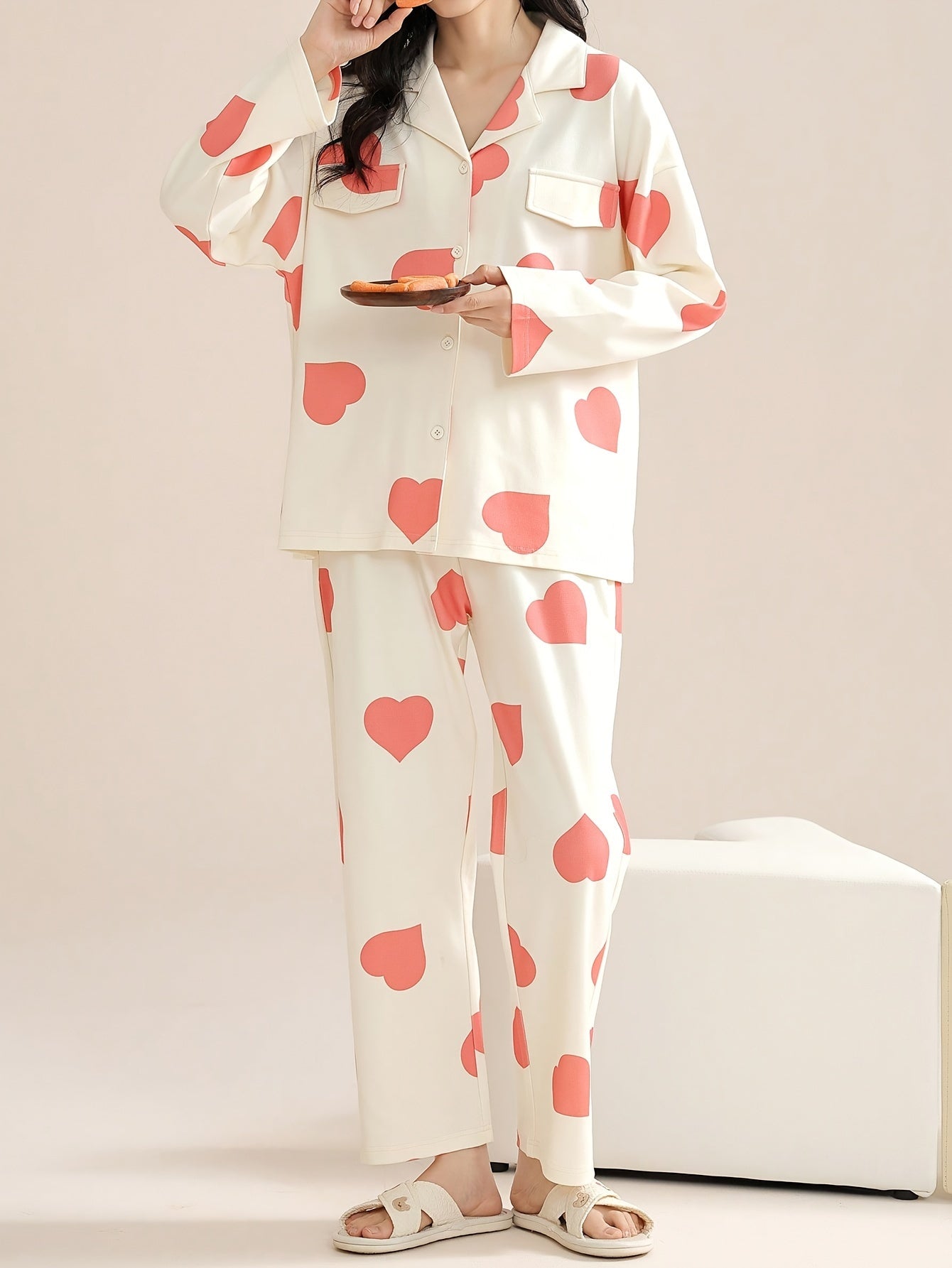 Women's Floral & Stripe Print Elegant Pajama Set, Long Sleeve Buttons Lapel Top & Pants, Comfortable Relaxed Fit For Fall