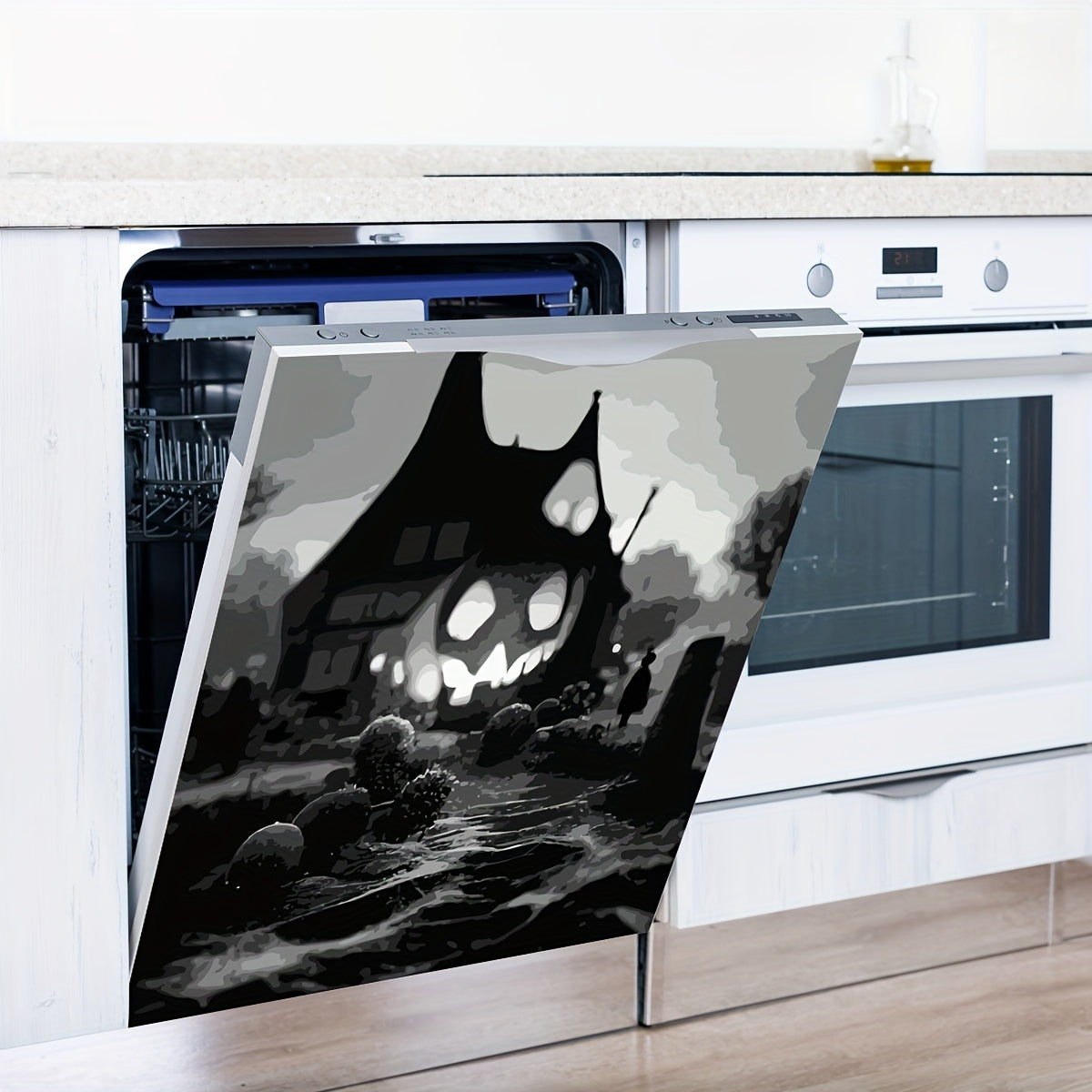 Halloween Magnetic Dishwasher Door Cover Decals - 2 Piece Set Traditional Pumpkin and Bats Design Vinyl Stickers, Easy Clean Halloween Kitchen/Home Decor, No Glue Required, Hanging Seasonal Holiday Ornaments