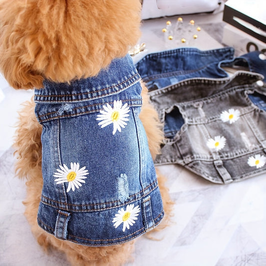 1pc Trendy Daisy Dog Denim Jacket - Breathable, Durable Pet Apparel for Spring, Summer, and Fall