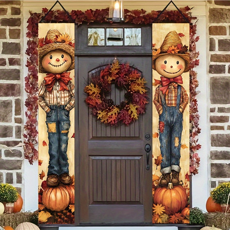 Autumn Scarecrow & Harvest Welcome Banner Set - Durable Polyester, 12x70 Inches, Perfect for Fall Outdoor Decor