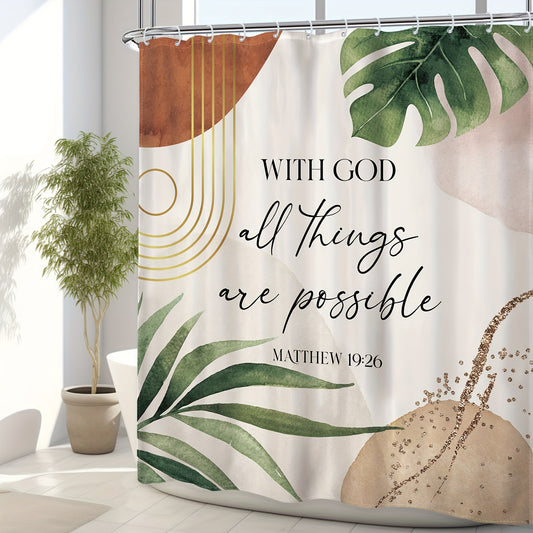 1pc Boho Bible Verse Shower Curtain, Inspirational Scriptures Quotes Abstract Tropical Green Palm Leaf Mid Century Christian Shower Curtain, Bathroom Bath Accessories, Home Decor Fabric 12 Pack Hooks, 60Wx72L Inches