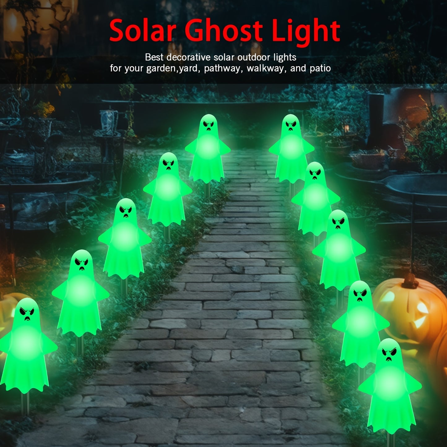 Anylincon 12pcs Solar-Powered Ghost Lights - Perfect For Halloween & Day Of The Dead Decor | Spooky Heads With 8 Lighting Modes | Ideal For Pathways, Landscapes, Yards & Lawns | Durable Plastic, Easy Install