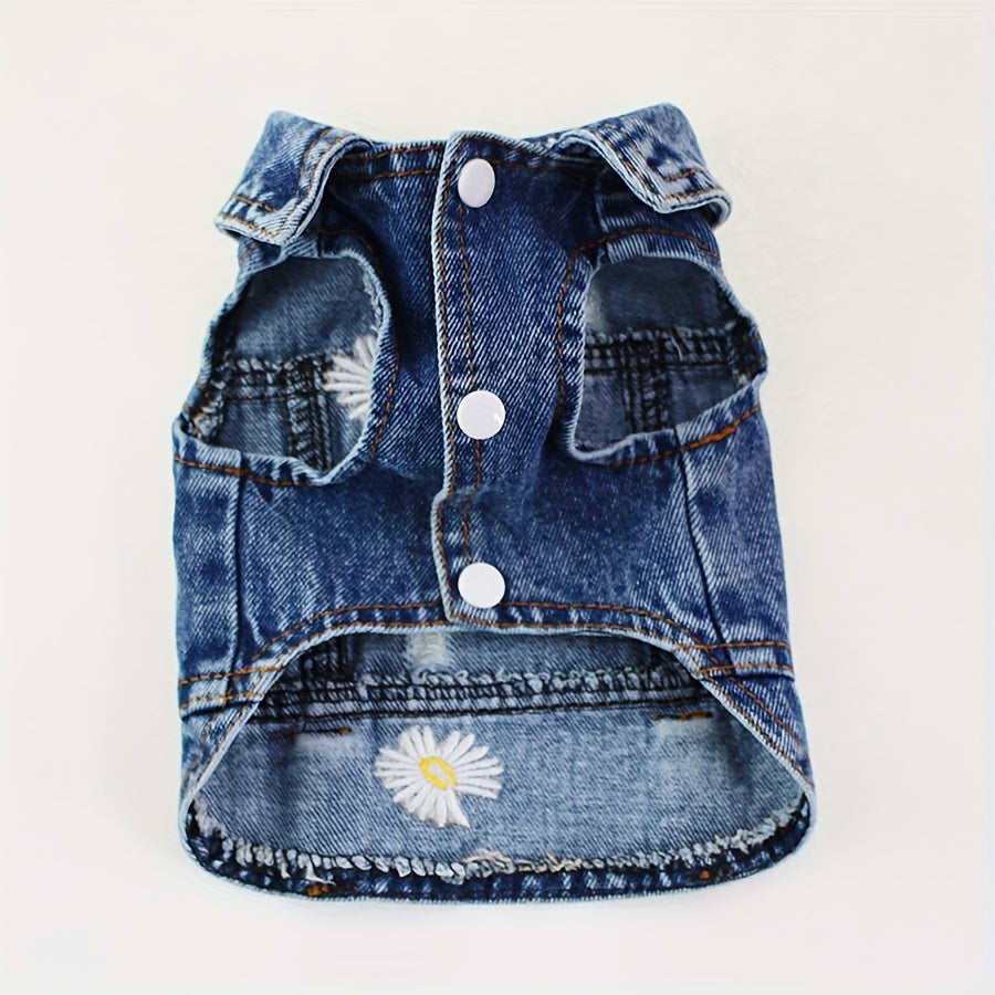 1pc Trendy Daisy Dog Denim Jacket - Breathable, Durable Pet Apparel for Spring, Summer, and Fall