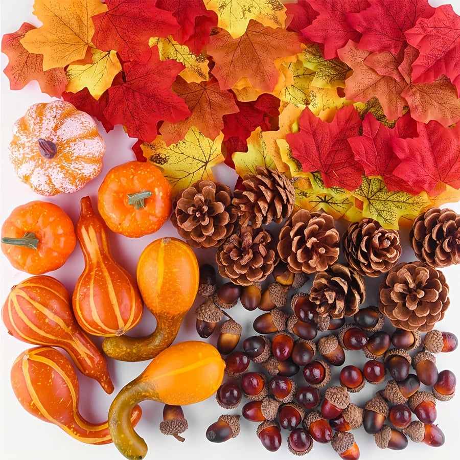 96 Piece Classic Style Autumn Decor Set - Plastic Faux Pumpkins, Gourds, Sunflowers, Acorns, Maple Leaves - Versatile Tabletop Decorations for Halloween, Thanksgiving, Christmas, Easter, New Year