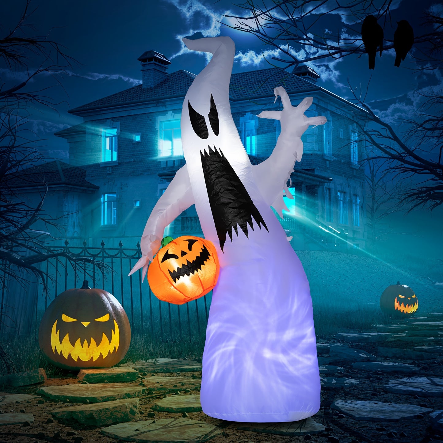 HOMCOM 5.9' Halloween Inflatable Outdoor Decoration Ghost With Pumpkin, Blow Up LED Yard Decor For Garden, Lawn, Party, Holiday,, Purple