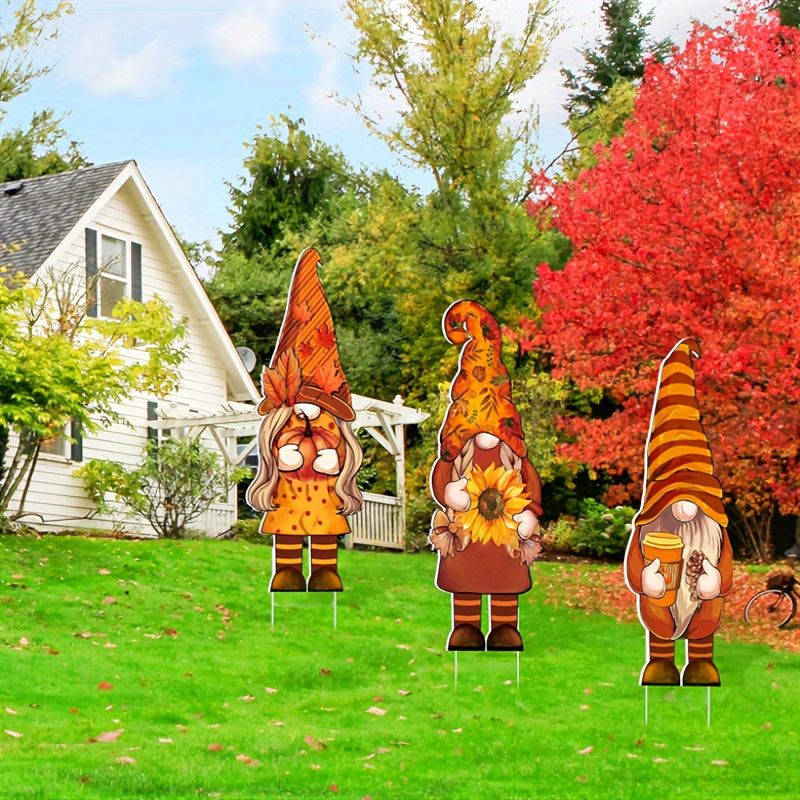 Autumn Harvest Gnome Yard Signs - Set of 3 with Wooden Stakes, Pumpkin-Themed Outdoor Lawn & Garden Decor for Fall and Thanksgiving