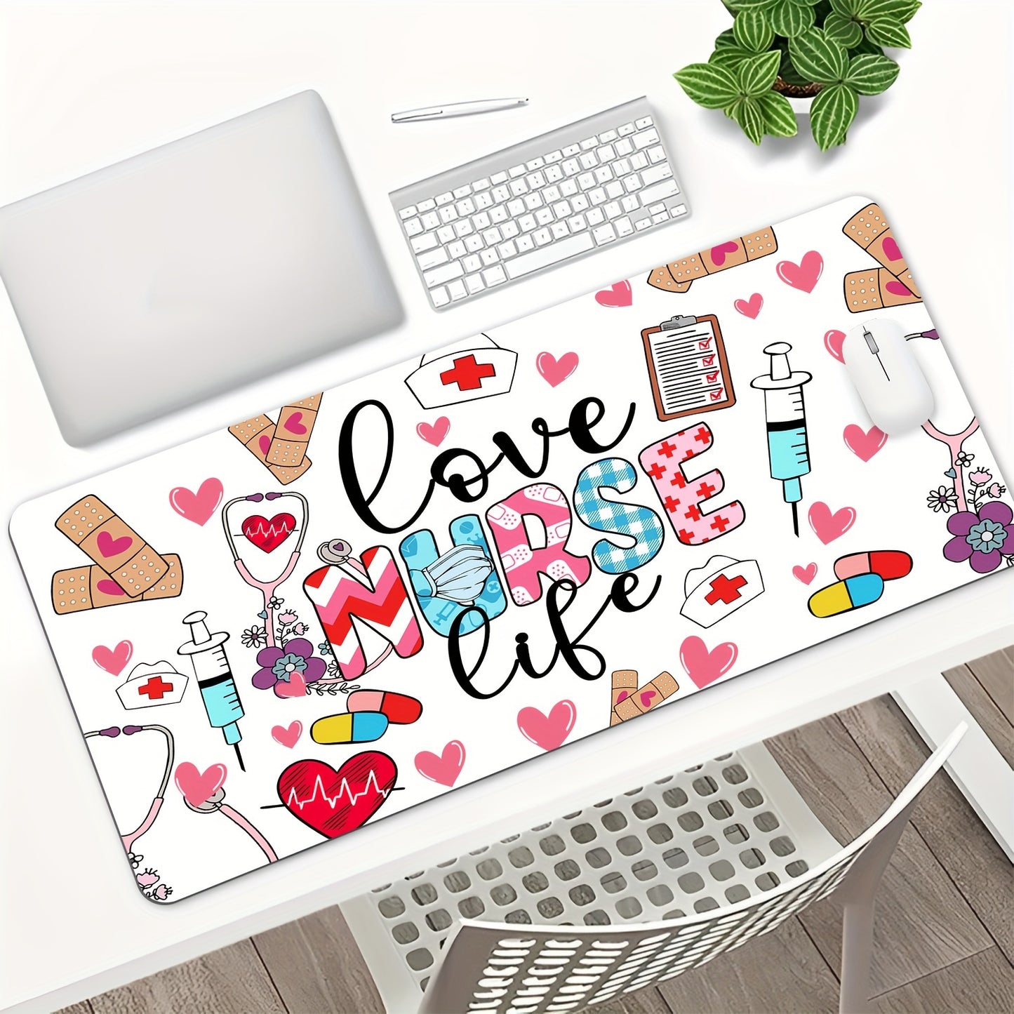 Love Nurse Life" Oversized Gaming Mouse Pad - Non-Slip, Waterproof, Ultra Smooth Desk Mat for E-Sports, Computer Use, and Home Office