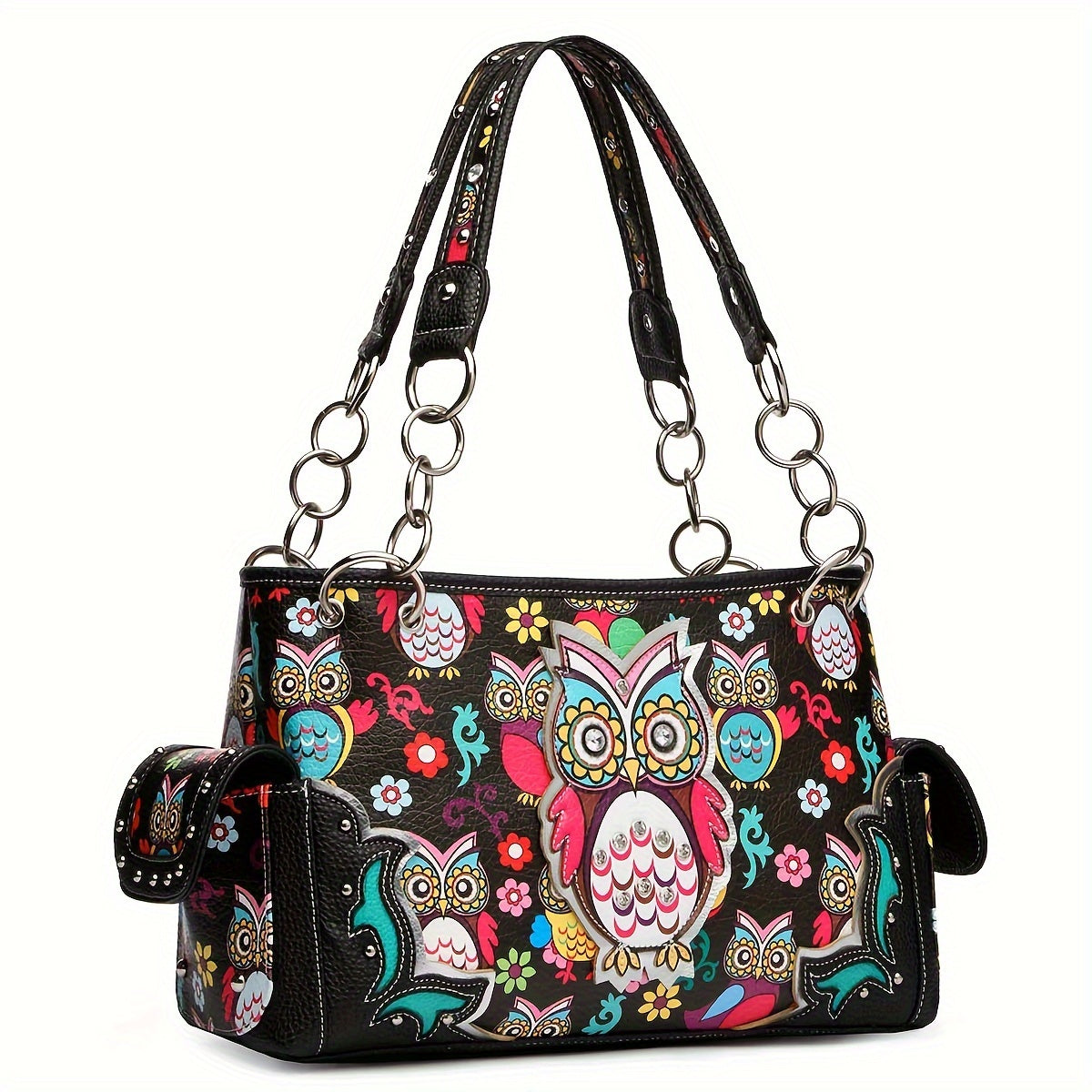 Colorful Owl Flower Western Style Cowgirl Fashion Purse Women Totes Rhinestone Studded Shoulder Bags Wallet Set