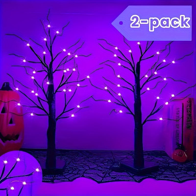 2 Pack, Halloween Party Decoration Artificial Tree Lights, Purple And Orange 24 LED Lights, 18 Mysterious Tree Light Accessories Comes With Random Gift, Powered By AA Batteries And USB