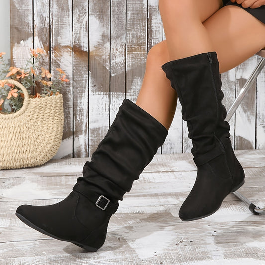 Retro Style Women's Knee High Boots: Zip Closure, Round Toe, French Heel, Rubber Sole, and Soft Fleece Lining